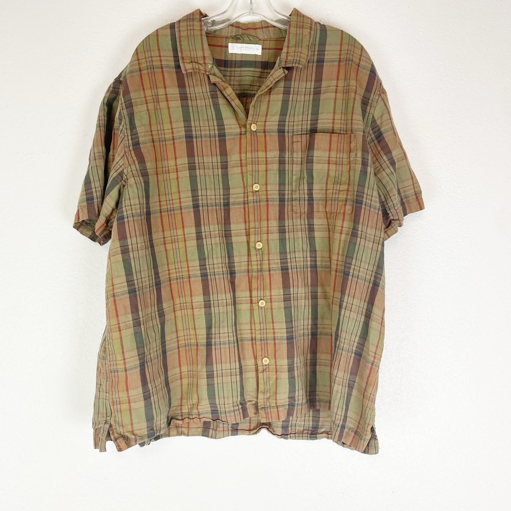 Lucky Brand Shirt Mens XL Button Up Linen Blend Plaid Short Sleeves Casual